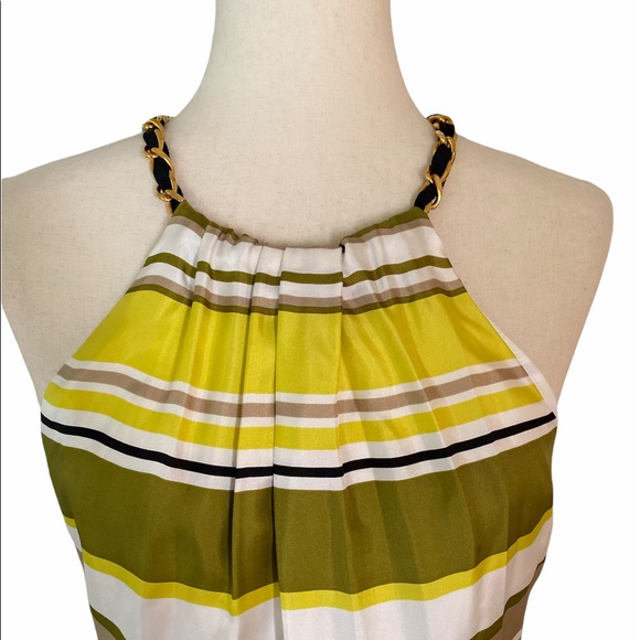Milly Silk Striped Olive Green Yellow Black Halter Tank Top w/ Gold Chain - 4 - Picture 3 of 12